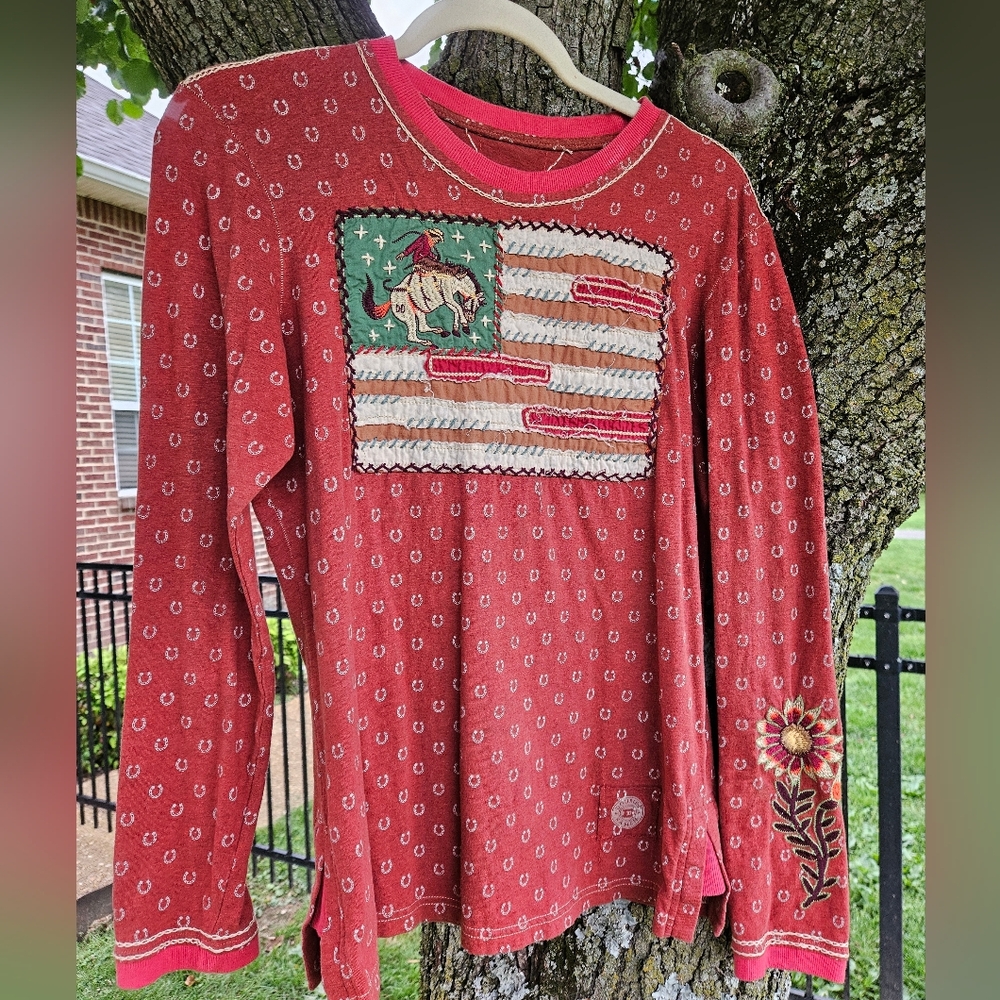 Double D Ranch USA Flag Horseshoe Cowboy Long Sleeve Shirt
